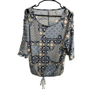 Womens Geometric Blue Beige Ruched Sleeve Drawstring Hem Top Preppy Chic